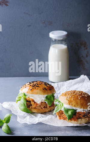 Homemade mini burgers with pulled chicken Stock Photo
