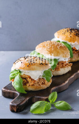 Homemade mini burgers with pulled chicken Stock Photo