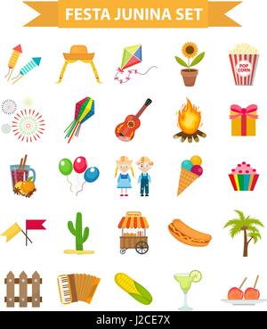 Festa Junina set icons, flat style. Brazilian Latin American festival, celebration of traditional symbols. Collection of design elements, isolated on white background. Vector illustration, clip-art. Stock Vector