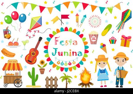 Festa Junina set icons, flat style. Brazilian Latin American festival, celebration of traditional symbols. Collection of design elements, isolated on white background. Vector illustration, clip-art. Stock Vector