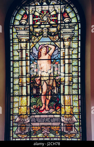 Stained Glass Window at St Anns Church in Manchester, United Kingdom Stock Photo