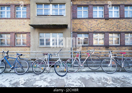 Germany, Saxony, Leipzig, parking bicycles to the designer flea market in the Institut for the Future at Kohlrabi circus Stock Photo
