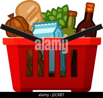 Grocery shopping. Basket, store, food and drinks icon. Cartoon vector illustration Stock Vector