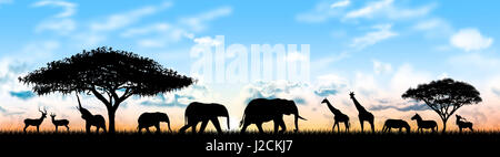 Silhouettes of wild animals of the African savannah. Wild Animals of Africa against the sky and the sun. Stock Photo