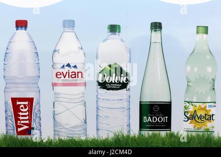 Saint Georges, France - February 10, 2017: Bottled water brands ad in France on a wall Stock Photo