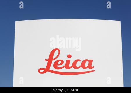 Odense, Denmark - April 9, 2017: Leica sign on a panel. Leica is a German optics company and manufacturer of Leica cameras Stock Photo