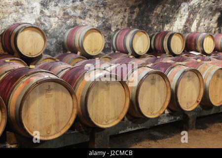 Chenas, France - March 10, 2017: Cellar of the castle of Chenas from the XVII th century in Beaujolais, France Stock Photo