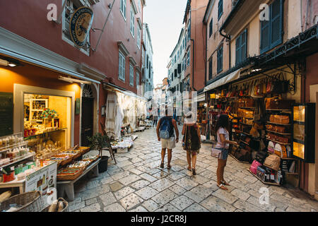 Corfu, Greece - August 18, 2015: Beautiful old city street, added retro filter, on Corfu, Kerkyra, Greece. Stock Photo