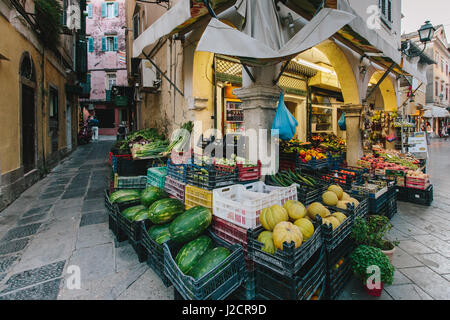 Corfu, Greece - August 18, 2015: Beautiful old grocery, added retro filter, on Corfu, Kerkyra, Greece. Stock Photo