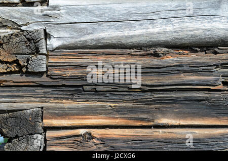 Grey Old Log Cabin Wall Texture. Dark Rustic House Log Wall. Horizontal Timbered Background. Stock Photo