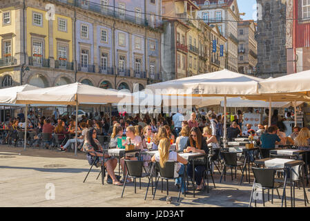 Bar Porto Portugal, view in summer of tourists relaxing at bars in the Ribeira waterfront district in central Porto, Oporto, Portugal Stock Photo