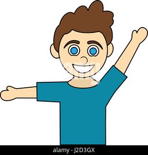 colorful caricature half body boy with open arms up and curly hair Stock Vector