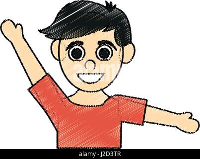 color pencil caricature half body boy with open arms up and short hair Stock Vector