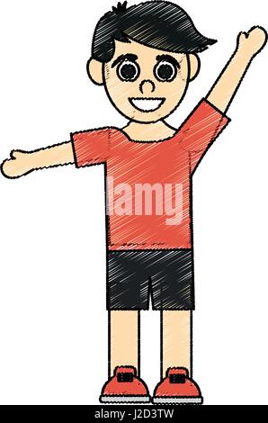 color pencil caricature black hair boy with open arms up Stock Vector