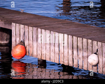Wood dock with round floats, reflections and copy space Stock Photo