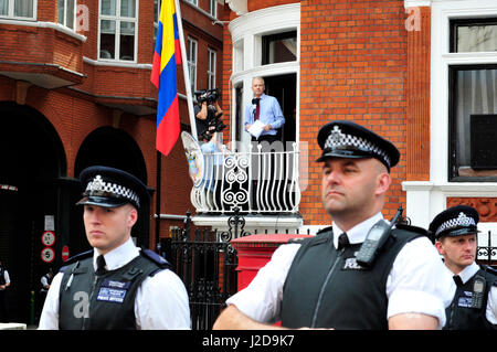 The founder of Wikileaks, Julian Assange addresses his supporters from the balcony of the Ecuadorian embassy in London Stock Photo