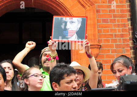 WikiLeaks founder Julian Assange speaks to the media from the balcony of the Ecuadorian embassy in London. He faces arrest if he leaves the building. Stock Photo
