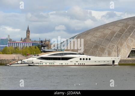 River Clyde, Glasgow, Scotland, UK. 27th Apr, 2017. The Super-yacht, Lady M, which belongs to Russian billionaire Alexei Mordashov, docked at the Canting Basin beside the Glasgow Science centre North Quay, Glasgow, Scotland, UK, Europe Stock Photo