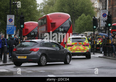 London, UK. 27th Apr, 2017. The scene on Whitehall after a police arrested man on suspicion of terrorism offences, who was carrying knives, in London, Britain on April 27, 2017. Police said on Thursday that a man had been arrested after an incident occurred in Whitehall, near the British Parliament as no injury was reported. Credit: Tim Ireland/Xinhua/Alamy Live News Stock Photo
