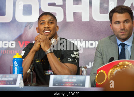 April 27, 2017, London, UK. Anthony Joshua speaks during a press conference for his Super Heavyweight title fight against Wladamir Klitschko at Sky Sports Studios. Anthony Joshua and Wladamir Klitschko are due to fight for the IBF, IBO and WBA Super Heavyweight Championships of the World at Wembley Stadium on April 29. Michael Tubi / Alamy Live News. Credit: Michael Tubi/Alamy Live News Stock Photo