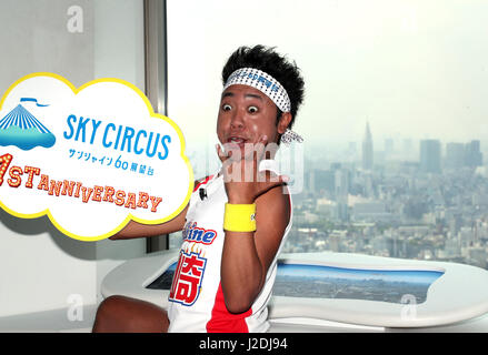 Tokyo, Japan. 28th Apr, 2017. Japanese comedian Sunshine Ikezaki attends the first anniversary event of the reopening after remodeling of the Sunshine 60 observatory, called Sky Circus in Tokyo on Friday, April 28, 2017 as he was installed as the ambassador of Sky Circus. Sunshine Ikezaki has a big break this year for his screaming performance. Credit: Yoshio Tsunoda/AFLO/Alamy Live News Stock Photo