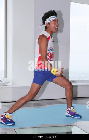 Tokyo, Japan. 28th Apr, 2017. Japanese comedian Sunshine Ikezaki attends the first anniversary event of the reopening after remodeling of the Sunshine 60 observatory, called Sky Circus in Tokyo on Friday, April 28, 2017 as he was installed as the ambassador of Sky Circus. Sunshine Ikezaki has a big break this year for his screaming performance. Credit: Yoshio Tsunoda/AFLO/Alamy Live News Stock Photo