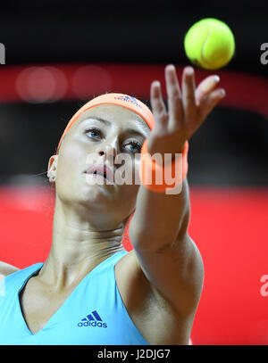 Stuttgart, Germany. 27th Apr, 2017. French tennis player Kristina Mladenovic during the women's singles match against German tennis player Angelique Kerber in the Porsche Arena in Stuttgart, Germany, 27 April 2017. Photo: Bernd Weissbrod/dpa/Alamy Live News Stock Photo