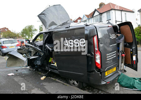 Bristol, UK. 28th April, 2017. Van ripped apart by gas bottle .The explosion happened on Linden Road in Bristol. One person taken to Hospital. Mandatory byline Robert Timoney/Alamy Live News Stock Photo