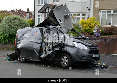 Bristol, UK. 28th April, 2017. Van ripped apart by gas bottle .The explosion happened on Linden Road in Bristol. One person taken to Hospital. Mandatory byline Robert Timoney/Alamy Live News Stock Photo