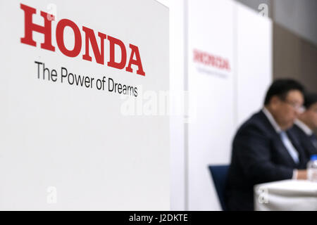 Tokyo, Tokyo, Japan. 28th Apr, 2017. Seiji Kuraishi, executive vice president of Honda Motor Co., reports consolidated financial result for the fiscal fourth quarter and the fiscal years ended march 31, 2017. Honda's consolidate profit for the period attributable to owners of the parent for the fiscal fourth quarter ended March 31, 2017 totaled JPY 95.9 billion (USD 855 million), an increase of JPY 184.4 billion (USD 1,688 million) from the same period last years. Credit: ZUMA Press, Inc./Alamy Live News Stock Photo