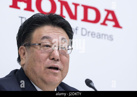 Tokyo, Tokyo, Japan. 28th Apr, 2017. Seiji Kuraishi, executive vice president of Honda Motor Co., reports consolidated financial result for the fiscal fourth quarter and the fiscal years ended march 31, 2017. Honda's consolidate profit for the period attributable to owners of the parent for the fiscal fourth quarter ended March 31, 2017 totaled JPY 95.9 billion (USD 855 million), an increase of JPY 184.4 billion (USD 1,688 million) from the same period last years. Credit: ZUMA Press, Inc./Alamy Live News Stock Photo