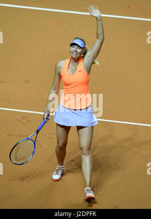 Stuttgart, Germany. 28th Apr, 2017. Russian tennis player Maria Scharapowa in action during the women's singles match against Kontaveit from Estonia in the Porsche Tennis Grand Prix in the Porsche Arena in Stuttgart, Germany, 28 April 2017. Photo: Bernd Weissbrod/dpa/Alamy Live News Stock Photo