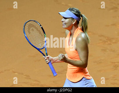 Stuttgart, Germany. 28th Apr, 2017. Russian tennis player Maria Scharapowa in action during the women's singles match against Kontaveit from Estonia in the Porsche Tennis Grand Prix in the Porsche Arena in Stuttgart, Germany, 28 April 2017. Photo: Bernd Weissbrod/dpa/Alamy Live News Stock Photo