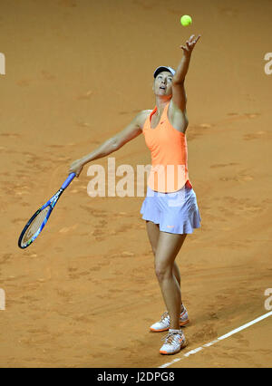 Stuttgart, Germany. 28th Apr, 2017. Russian tennis player Maria Scharapowa in action during the women's singles match against Kontaveit from Estonia in the Porsche Tennis Grand Prix in the Porsche Arena in Stuttgart, Germany, 28 April 2017. Photo: Bernd Weissbrod/dpa/Alamy Live News Stock Photo