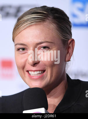 Stuttgart, Germany. 28th Apr, 2017. Russian tennis player Maria Scharapowa speaking a press conference alongside the the women's singles match in the Porsche Tennis Grand Prix in the Porsche Arena in Stuttgart, Germany, 28 April 2017. Photo: Bernd Weissbrod/dpa/Alamy Live News Stock Photo