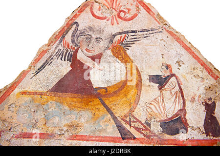 Lucanian fresco tomb painting of a women boarding a boat on which a winged angel waits to take her to the next life . Paestrum, Andriuolo. Tomb n. 53 Stock Photo