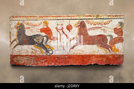 Lucanian fresco tomb painting of a chariot race . Paestrum, Andriuolo. 3rd Century BC Stock Photo