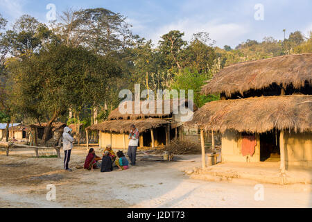 Agricultural landscape with typical farm houses in the village Pandavnagar in Chitwan National Park