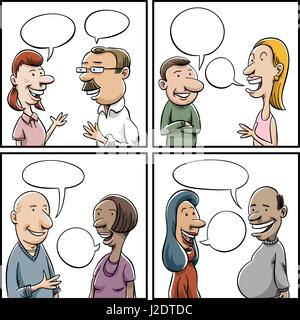 Four panels of a variety of cartoon people having conversations with blank speech bubbles with copyspace. Stock Vector