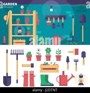 Gardening equipment in the garage Stock Vector