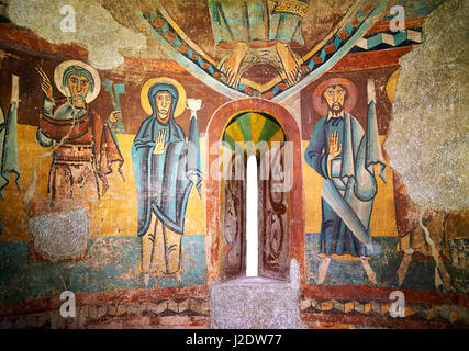 Twelfth century Romanesque frescoes of the Apse of Ginestarre depicting,The Virgin Mary and the Apostles, from the church of Santa Maria de Ginestarre Stock Photo