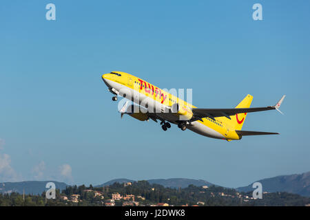 Corfu, Greece - August 18, 2015: TUIfly Boeing 737-800 taking off from Corfu International Airport. Stock Photo