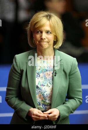 Television presenter Hazel Irvine on day thirteen of the Betfred Snooker World Championships at the Crucible Theatre, Sheffield. Stock Photo