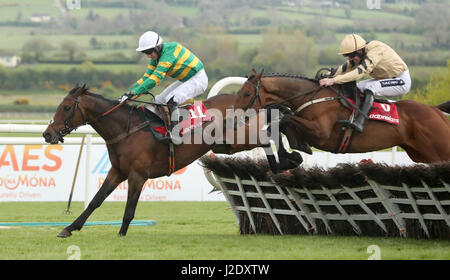 Unowhatimeanharry ridden by Noel Fehily (left) goes on to win The Ladbrokes Champion Stayers Hurdle ahead of Nichols Canyon ridden by Ruiby Walsh during day three of the Punchestown Festival in Naas, Co. Kildare. Stock Photo