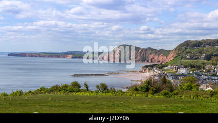 View looking down to Sidmouth from the South West Coastal Path on Salcombe Cliff Hill. Stock Photo