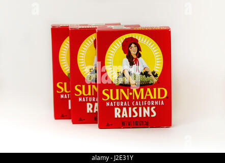 New York, December 02: Three small boxes of Sun Maid raisins isolated on white. Stock Photo