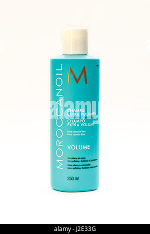 Bottle of Moroccan Oil shampoo isolated on white background. Stock Photo