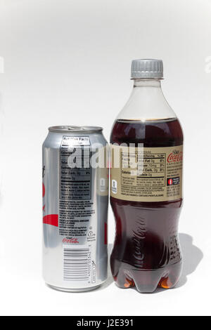 Can and bottle of Diet Coke showing ingredients including the controversial phenylalanine and aspartame. Stock Photo