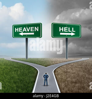 Heaven and hell crossroad life choice as a person standing at a fork in the road with paradise and gloom with 3D illustration elements. Stock Photo