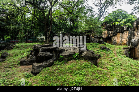 A little artificial hill with rocks made from cement surrounding by trees photo taken in Jakarta Indonesia Stock Photo